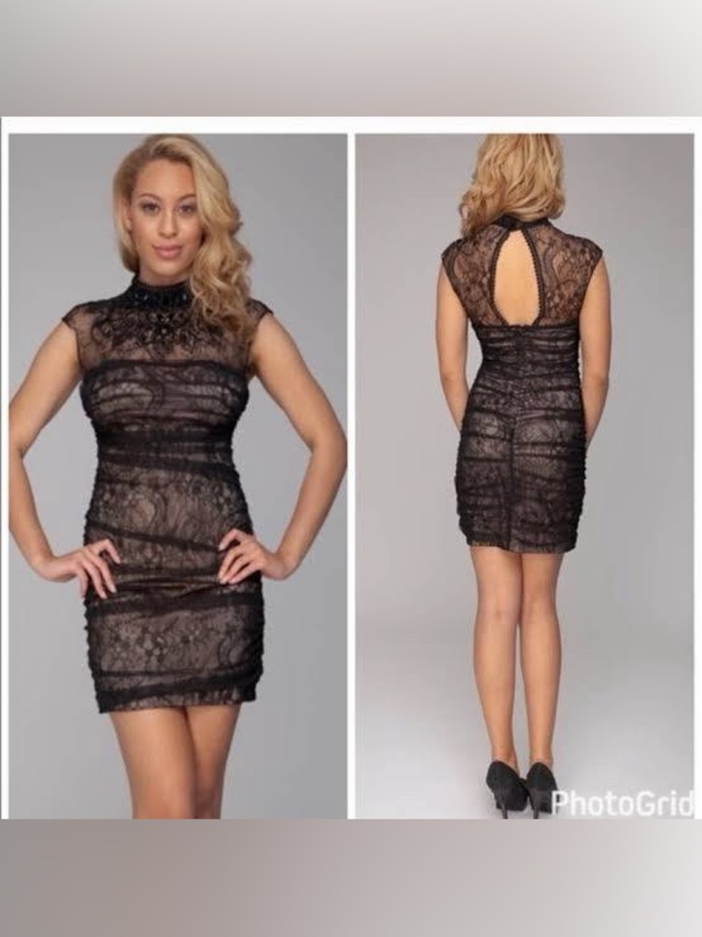 bebe Black Lace High-Neck Bodycon Mini Dress